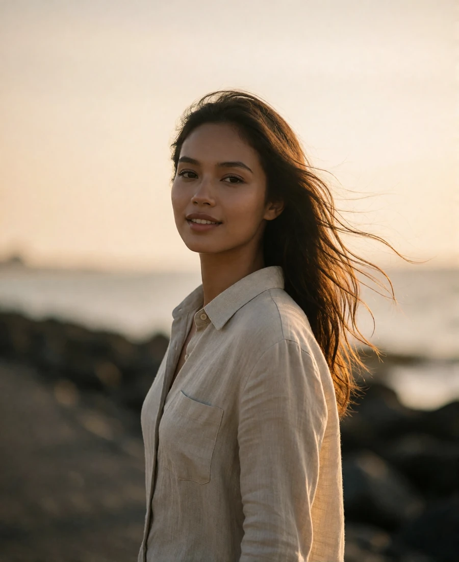 Cambodian member in a sand-toned linen shirt walking along a quiet coastal path at golden hour