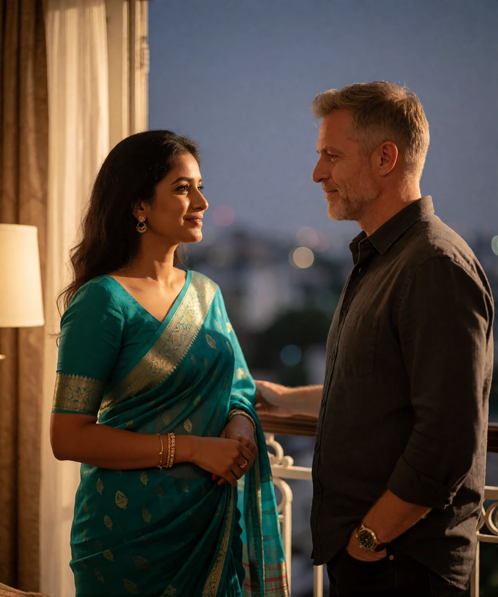 Bangladeshi woman and Western man in quiet conversation on a hotel balcony at dusk