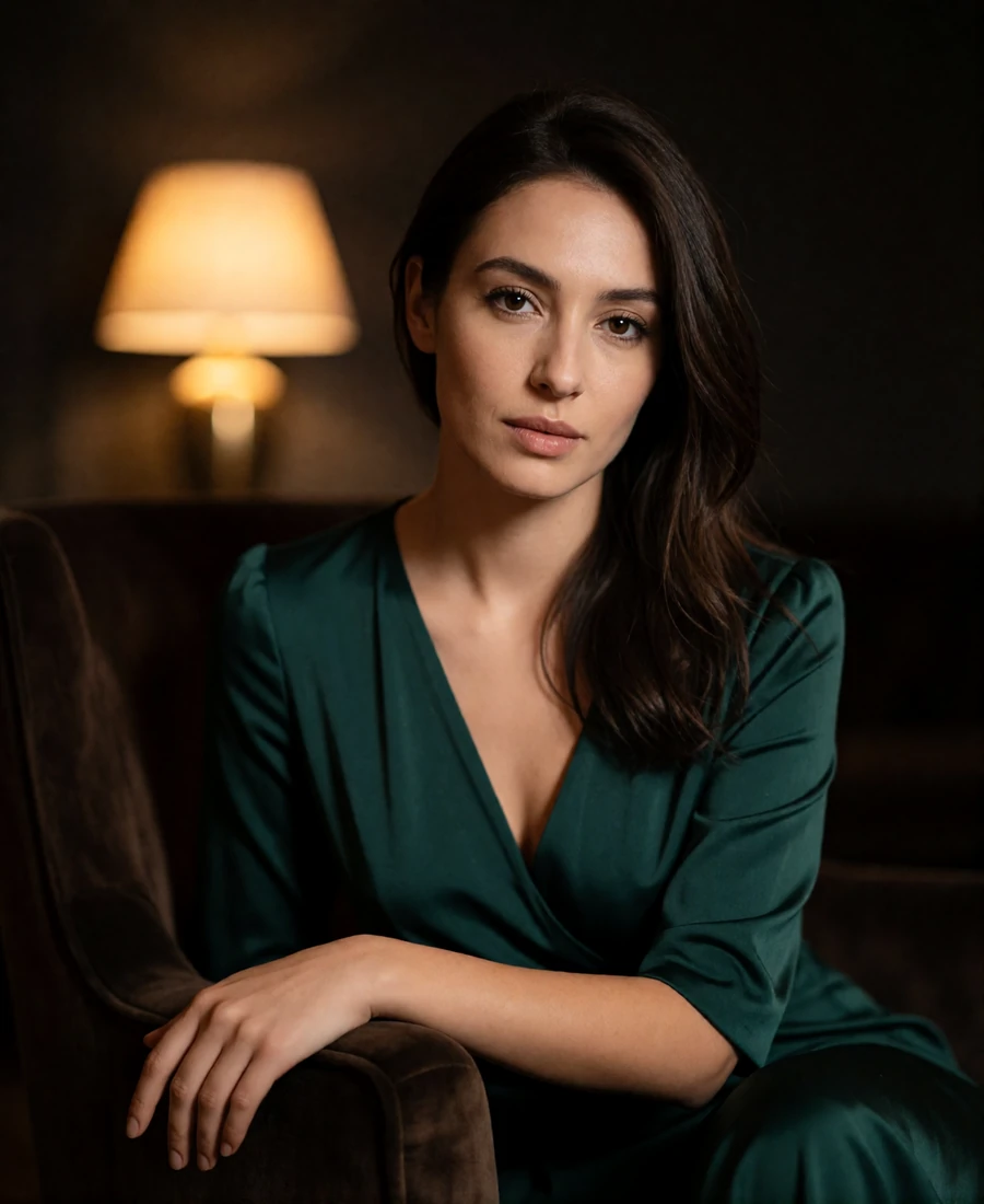 Armenian member in a deep emerald dress seated in a quiet velvet lounge chair