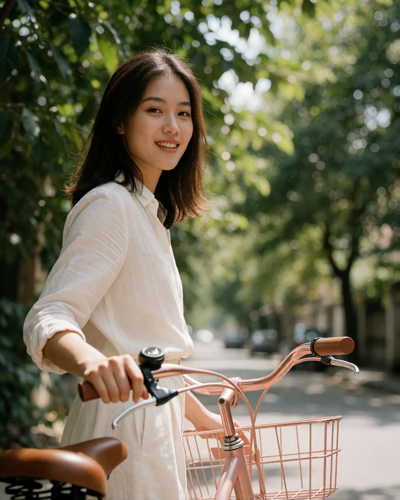 Vietnamese member in a white cotton shirt beside a bicycle in a tree-lined lane with dappled sunlight