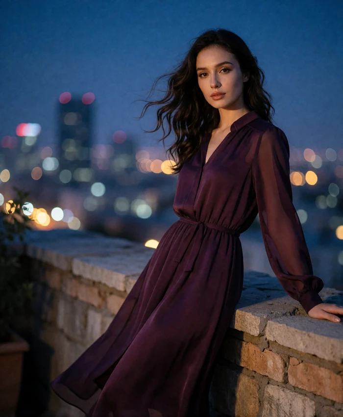 Kyrgyz member in a plum midi dress leaning against a stone parapet on a rooftop terrace at dusk