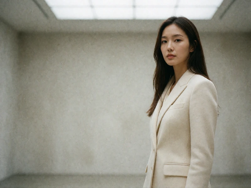 Korean woman in a tailored ivory blazer standing in a minimalist gallery interior