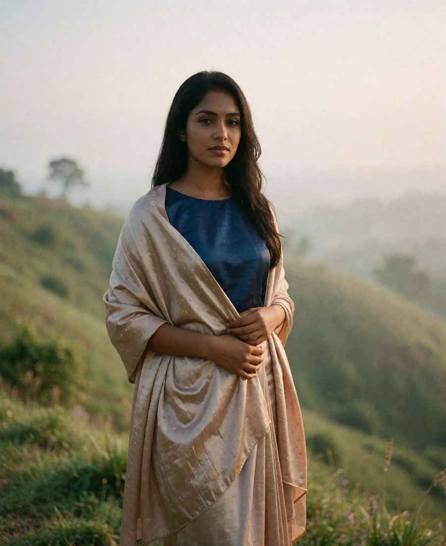Sri Lankan member in a sapphire blouse standing on a misty hillside tea terrace at sunrise