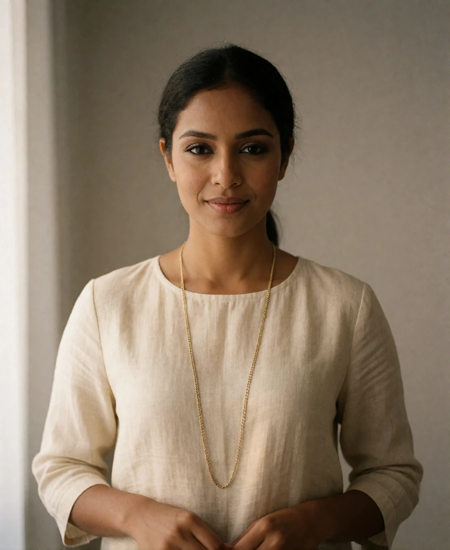 Sri Lankan member in a cream linen blouse photographed against a warm grey studio backdrop
