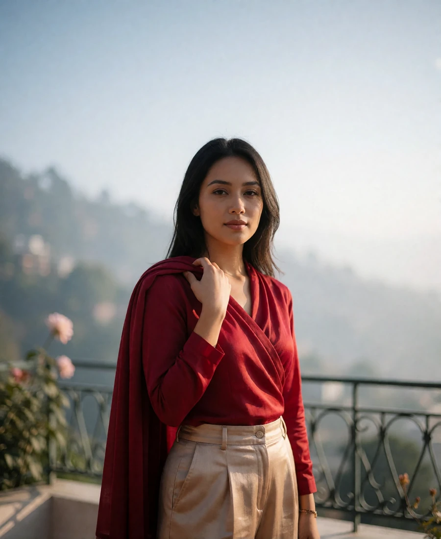 Nepali member on an open terrace with hazy mountain ridgelines behind her in morning light