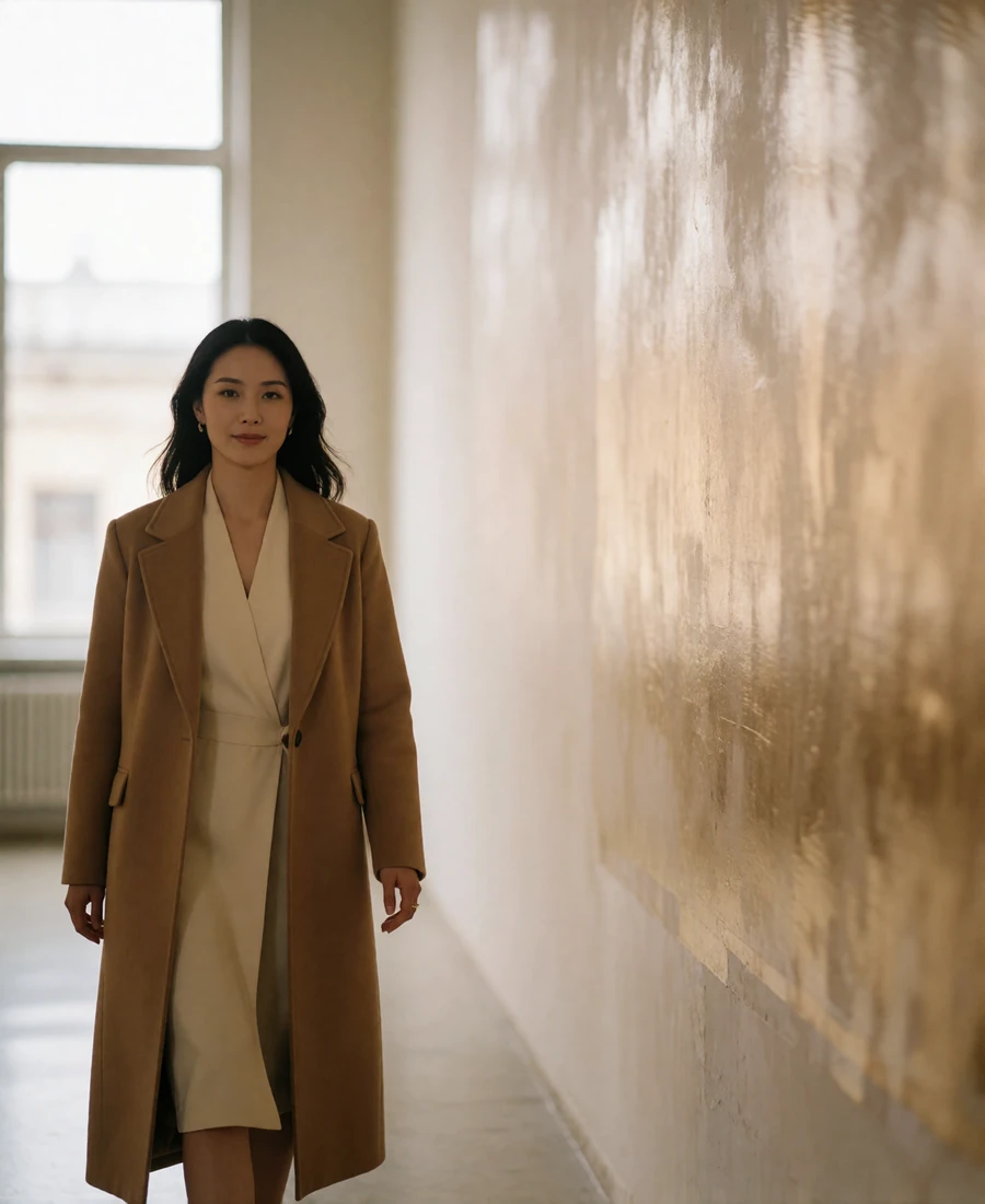 Mongolian member in a camel coat walking through a minimal gallery corridor