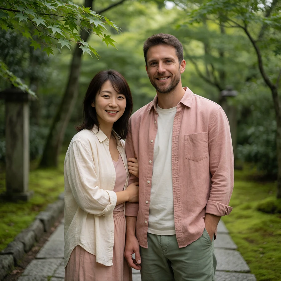 Couple standing together on a stone path bordered by moss and maple trees, smiling warmly toward the camera