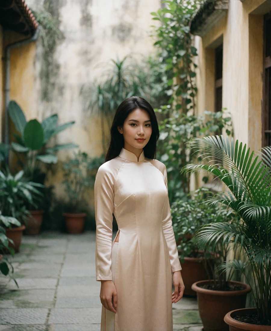 Verified Vietnamese member in a pale silk ao dai standing in a shaded colonial courtyard