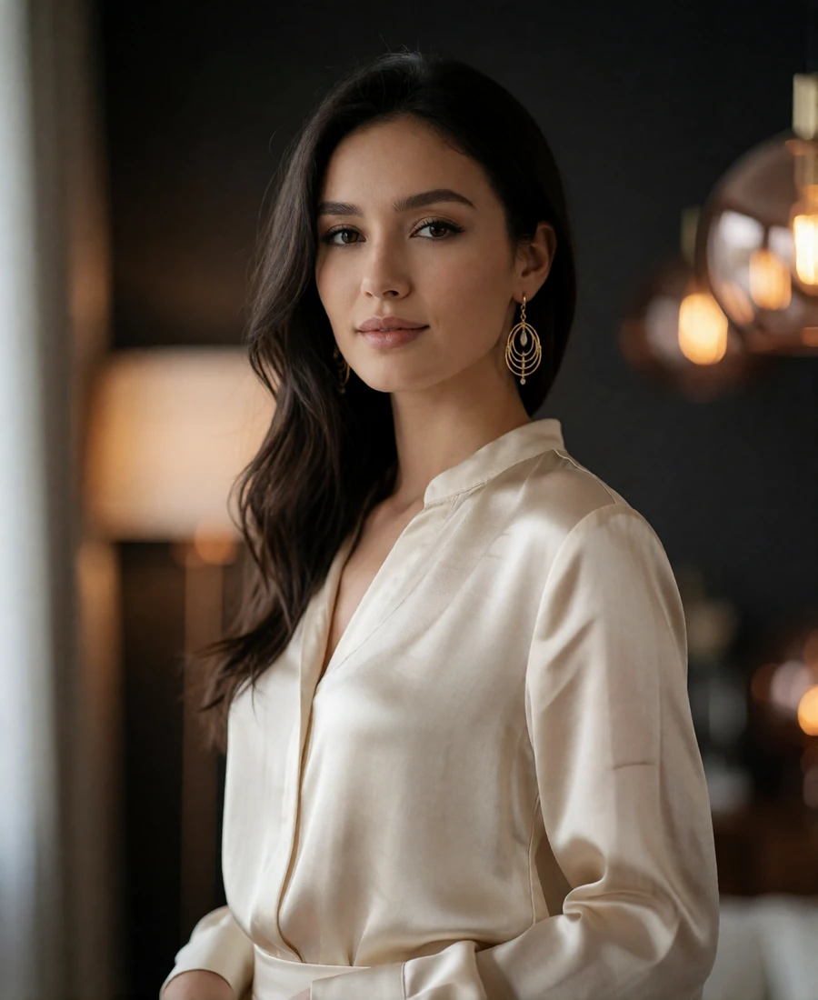 Kazakh woman in an ivory silk blouse smiling gently in a softly lit modern interior in Almaty