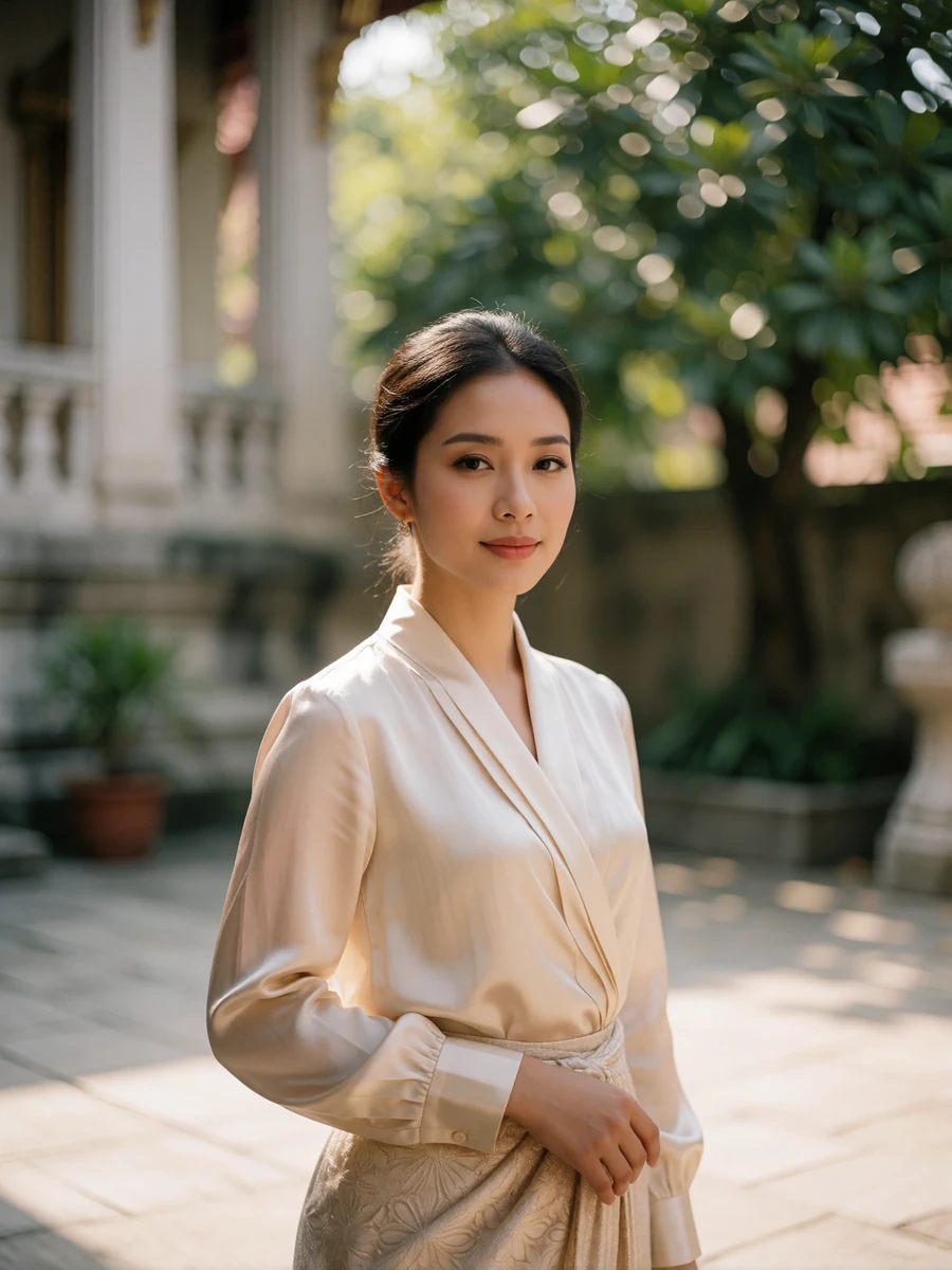 Thai woman in an ivory silk blouse standing calmly in a quiet temple courtyard