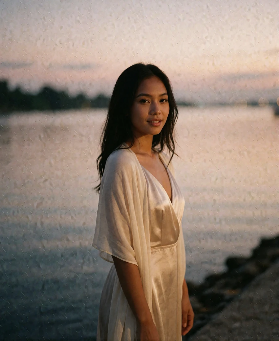 Bruneian member in a champagne dress smiling gently at a riverside walkway in early evening