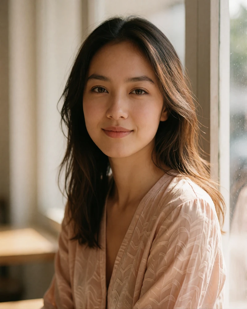 Warm Indonesian member in a sand-toned blouse beside a bright café window