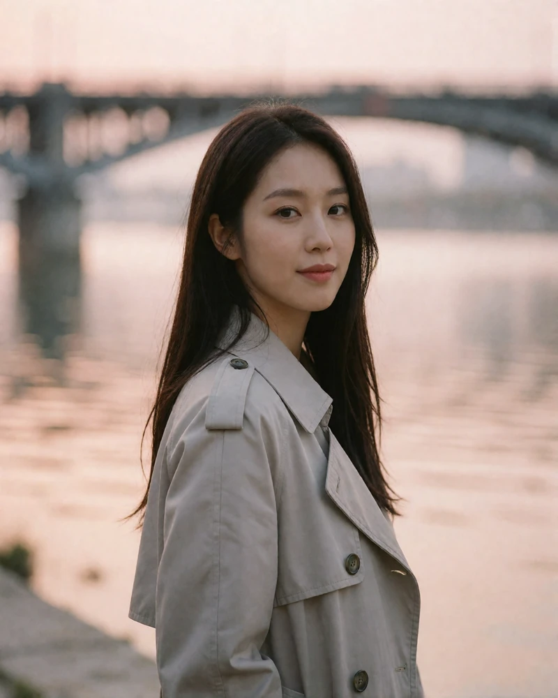 Korean member with long dark hair in a grey trench coat walking along a riverside promenade