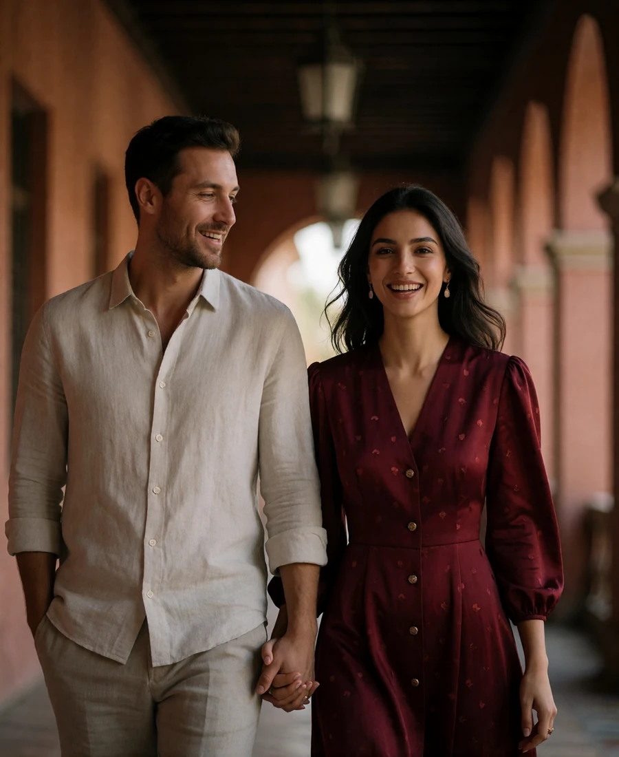 Couple walking hand in hand through a shaded covered market arcade, both laughing