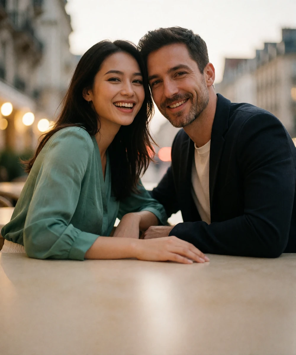 Couple laughing together at an open-air city lounge in the evening