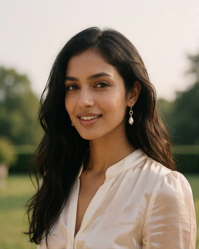 Indian member with long dark wavy hair smiling on a quiet garden terrace in Delhi