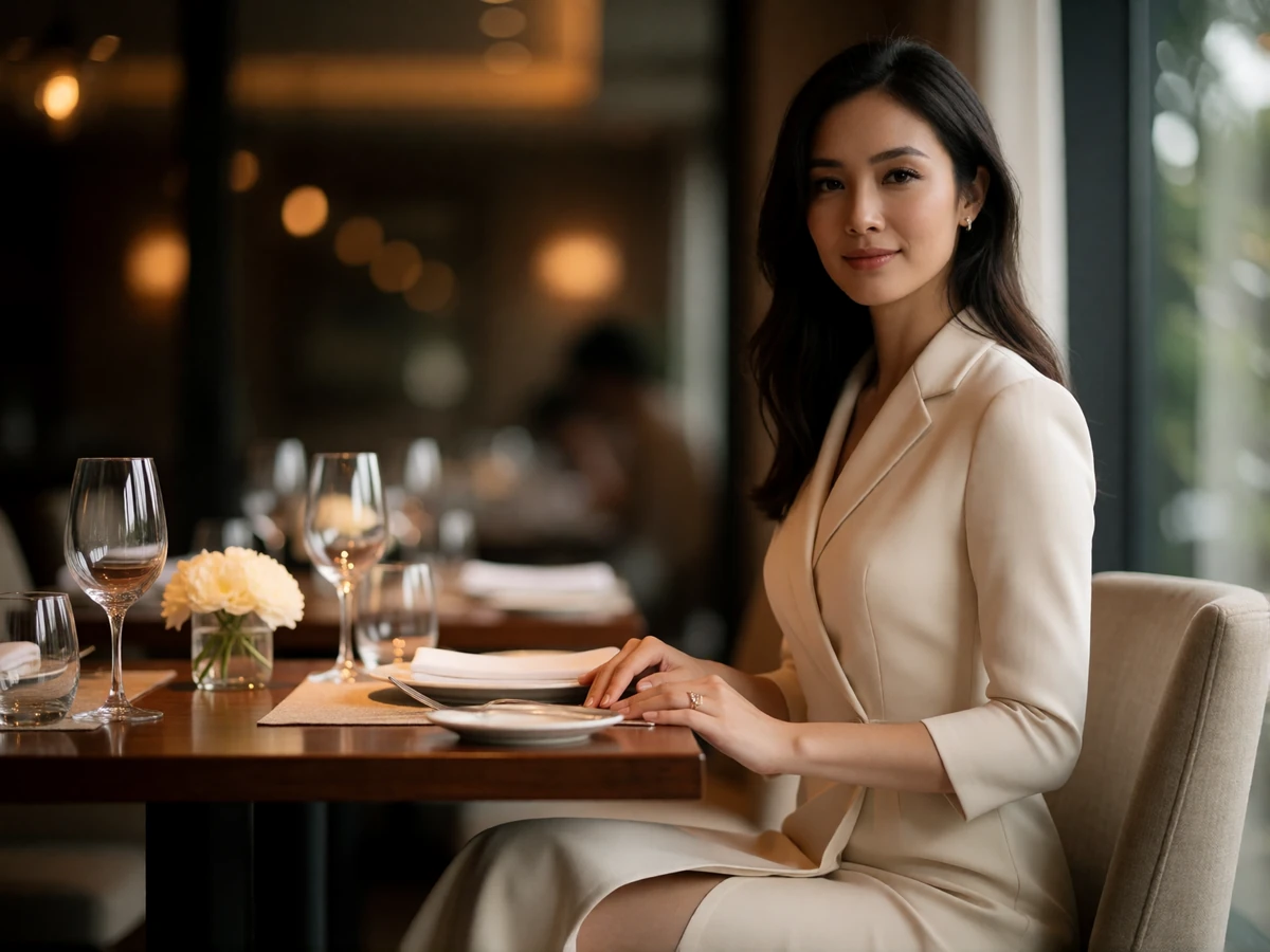 Elegant Singaporean woman in an ivory dress smiling at a fine-dining window table in the evening