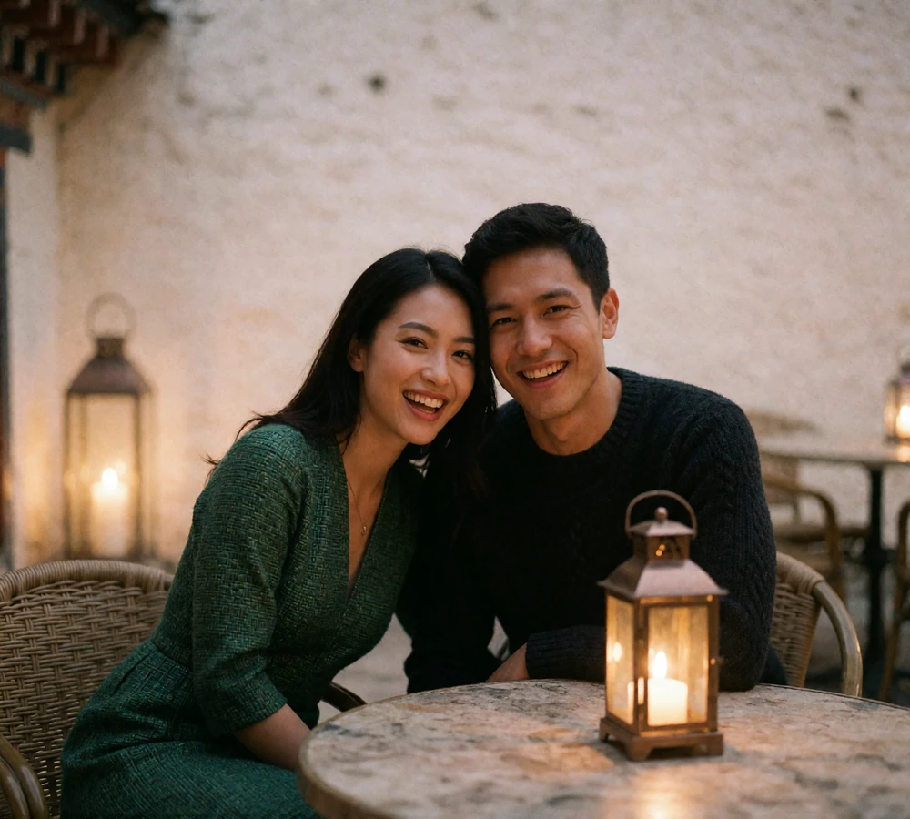 Couple seated at an outdoor table in a quiet stone courtyard at dusk, laughing together