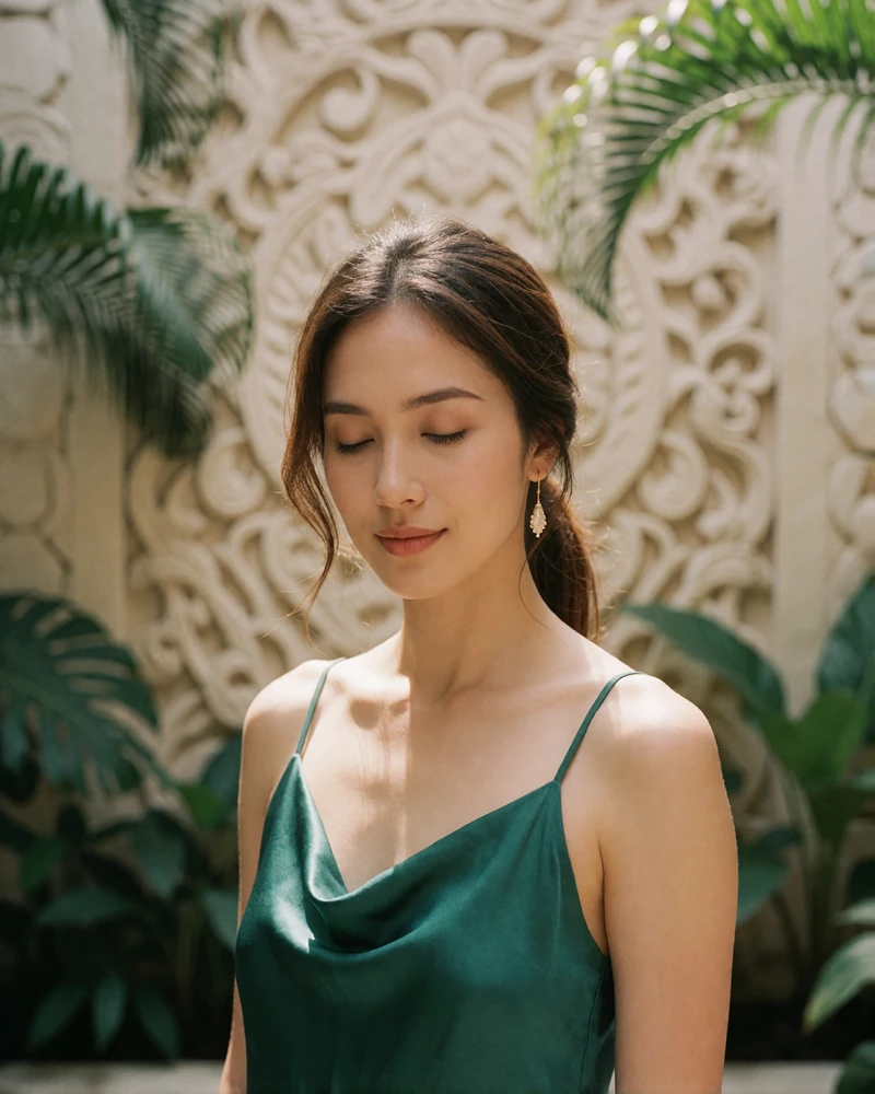 Poised Indonesian member in an emerald silk top in a tropical stone courtyard