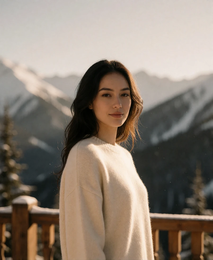 Kazakh woman in a cream sweater on a mountain lodge terrace near snow-capped peaks