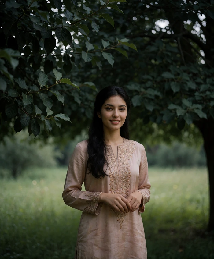 Tajik woman in a blush tunic smiling in a shaded garden with soft green foliage behind her