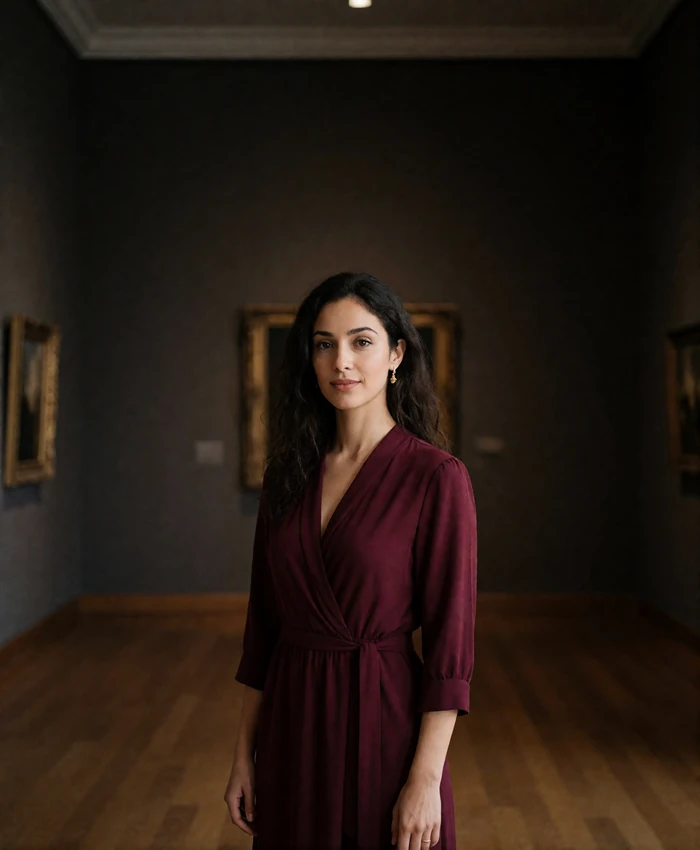 Jordanian woman in a deep burgundy dress standing quietly in a dim gallery hall
