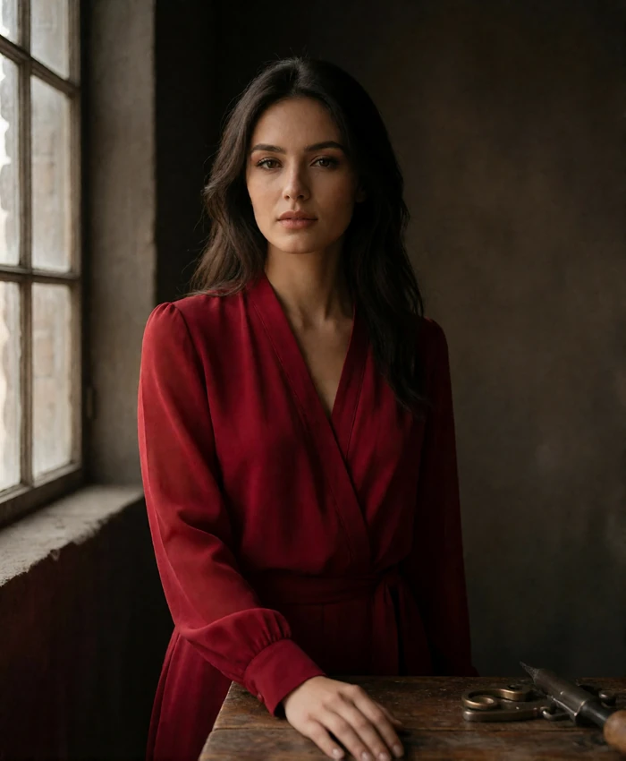 Turkmen member in a deep crimson blouse standing beside a wooden work surface in a dim studio