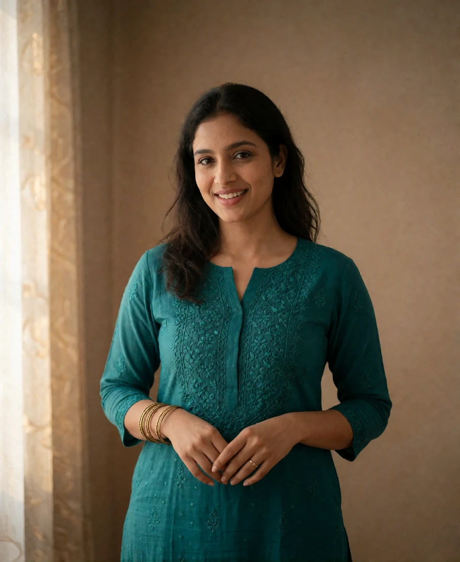 Bangladeshi woman in a teal kurta smiling against a warm taupe studio backdrop