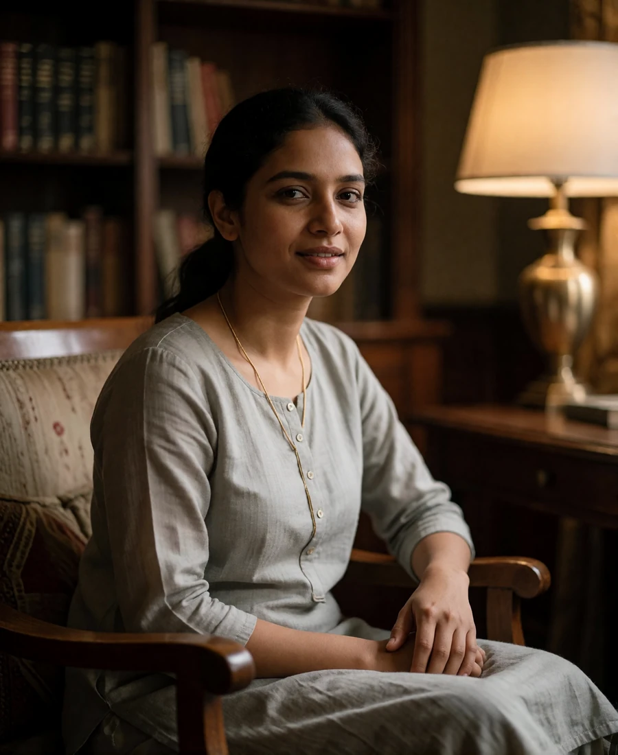 Bangladeshi woman in a grey kurta seated in a quiet wood-panelled reading room