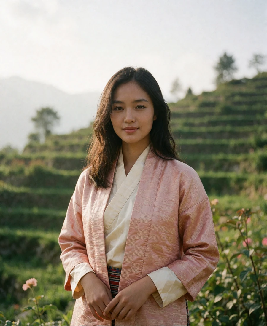 Bhutanese member in a rose woven silk jacket smiling in a terraced garden above Thimphu