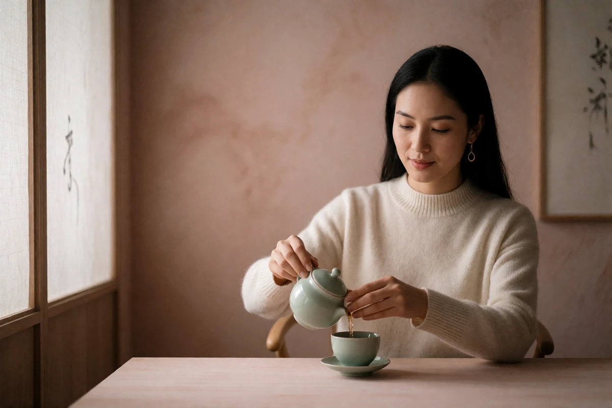 Chinese woman in a cream cashmere sweater pouring tea from a porcelain pot in a refined modern teahouse
