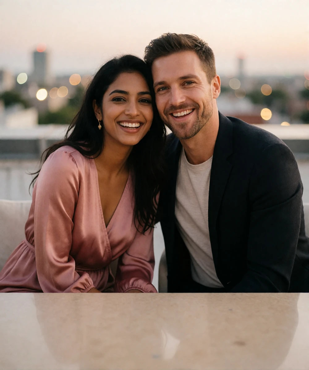 Couple seated together on a rooftop lounge in the evening, leaning toward each other and laughing