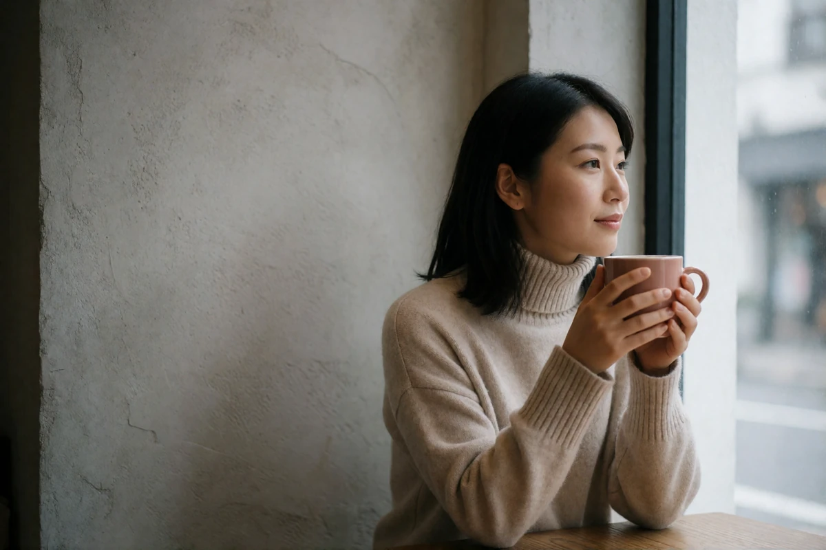 Japanese woman seated by a café window in a minimalist wood interior holding a ceramic cup and looking outside