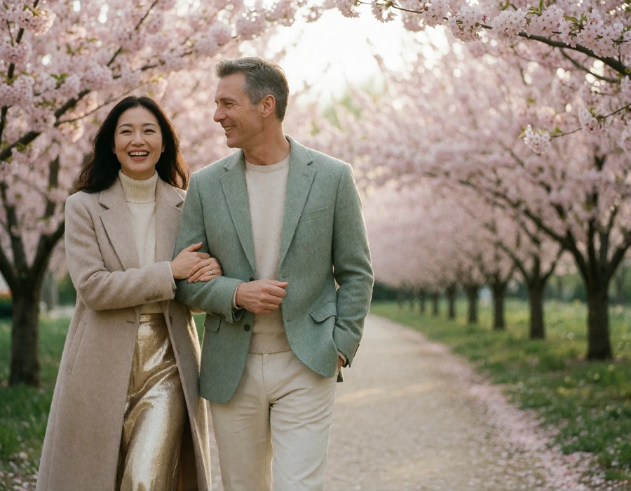 Couple walking arm in arm along a blossom-lined path, laughing together in soft spring light