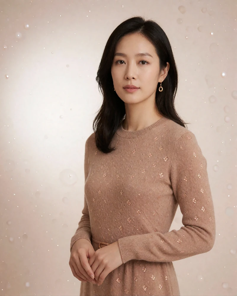 Korean member in a camel knit dress photographed against a pearl-cream studio backdrop