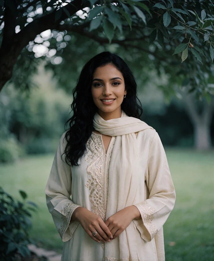 Yemeni woman smiling gently in the shade of garden trees wearing a cream tunic