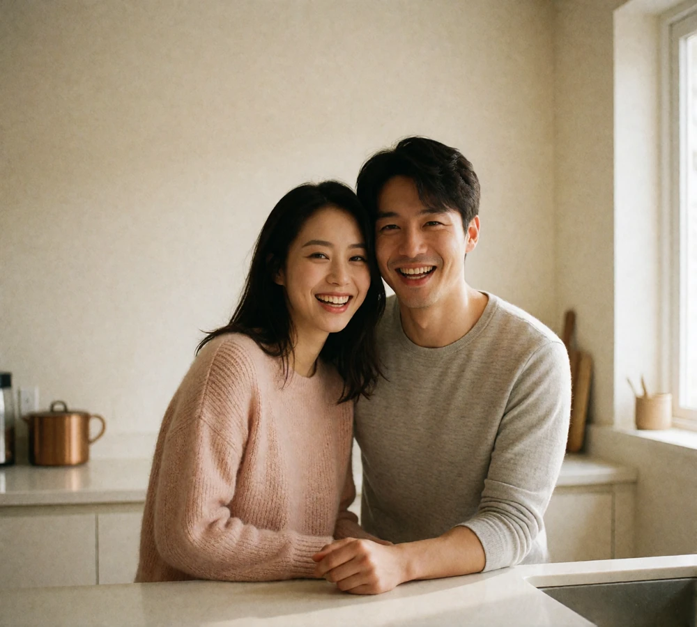 Couple standing side by side at a bright kitchen counter, laughing quietly together