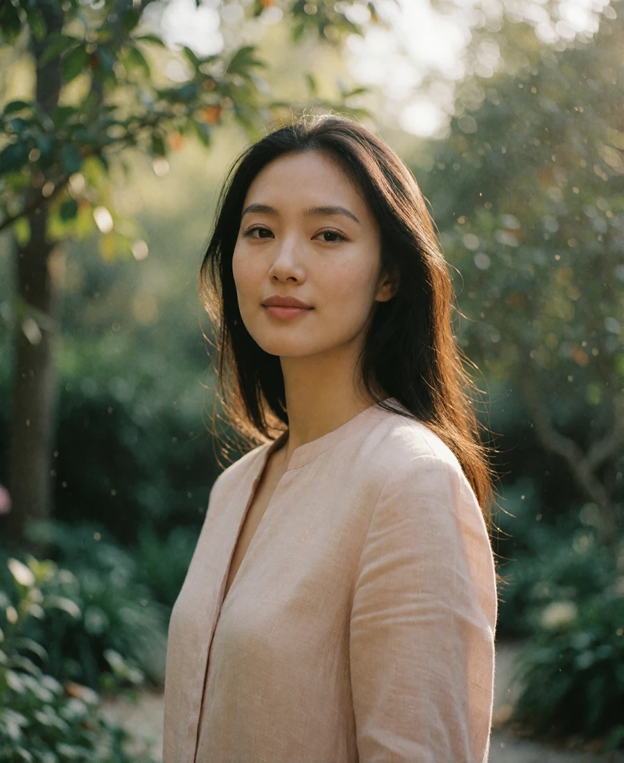 Verified Chinese member in a pale linen blouse smiling in a quiet city garden