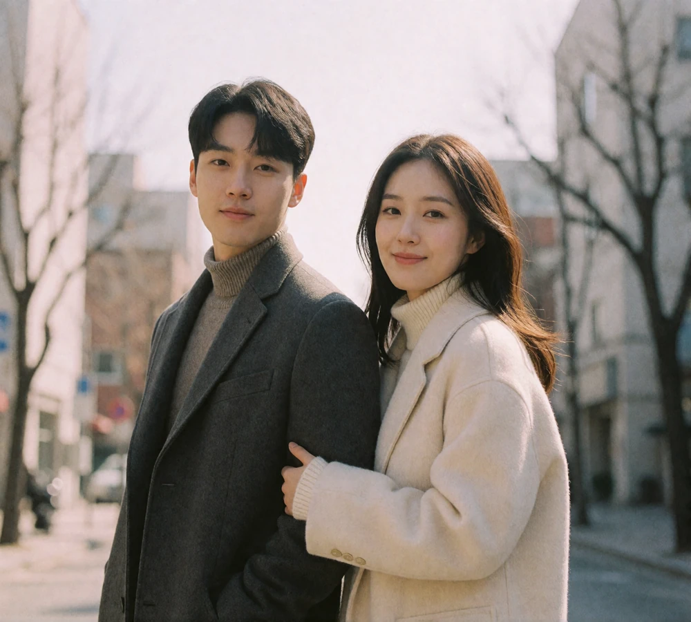 Couple standing close together on a quiet city street in soft winter light