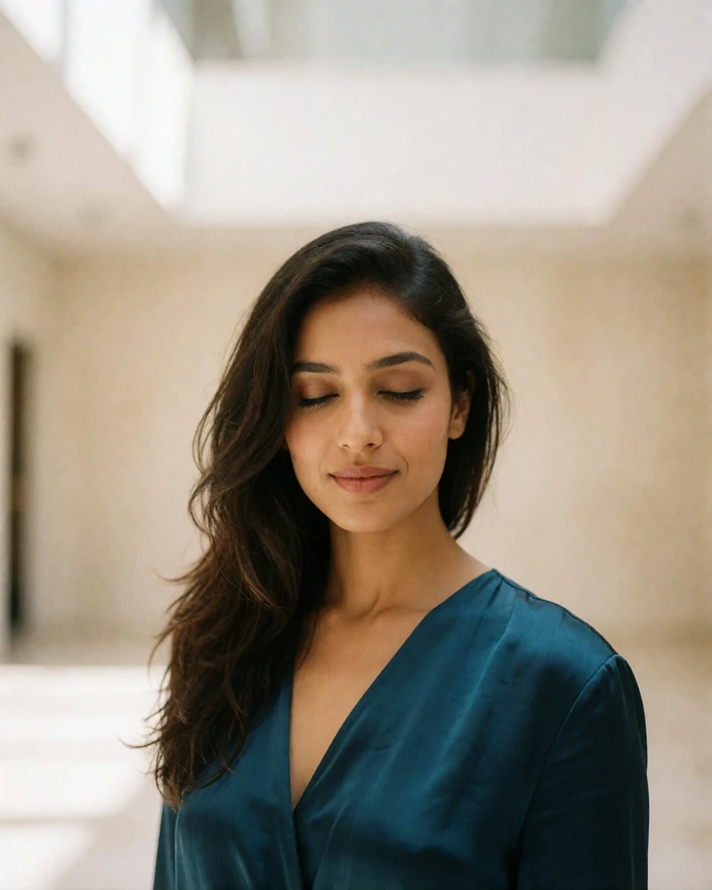 Indian member in a deep teal silk top photographed in a bright modern atrium in Mumbai