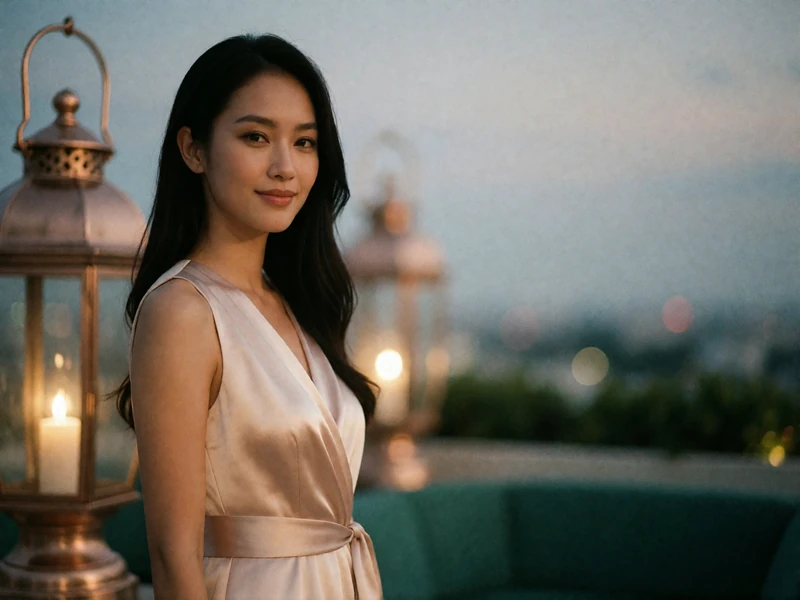 Thai woman in an elegant dress on a rooftop lounge at dusk with bronze lanterns