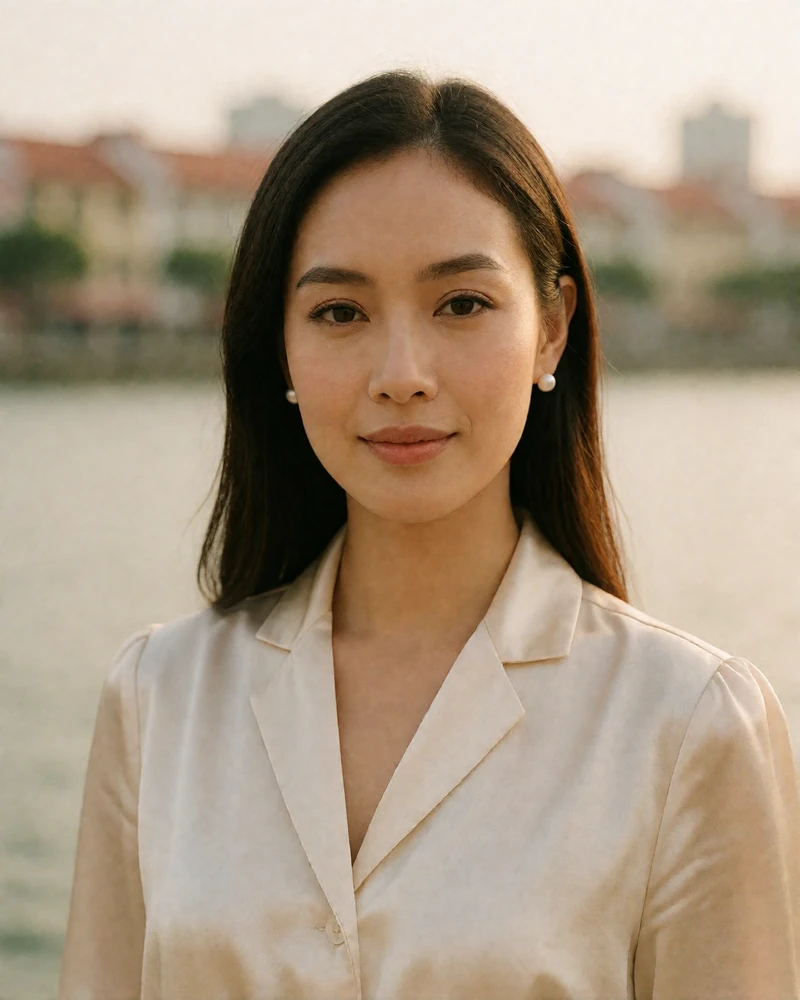 Singaporean member with sleek dark hair smiling along a calm riverfront walkway at dusk