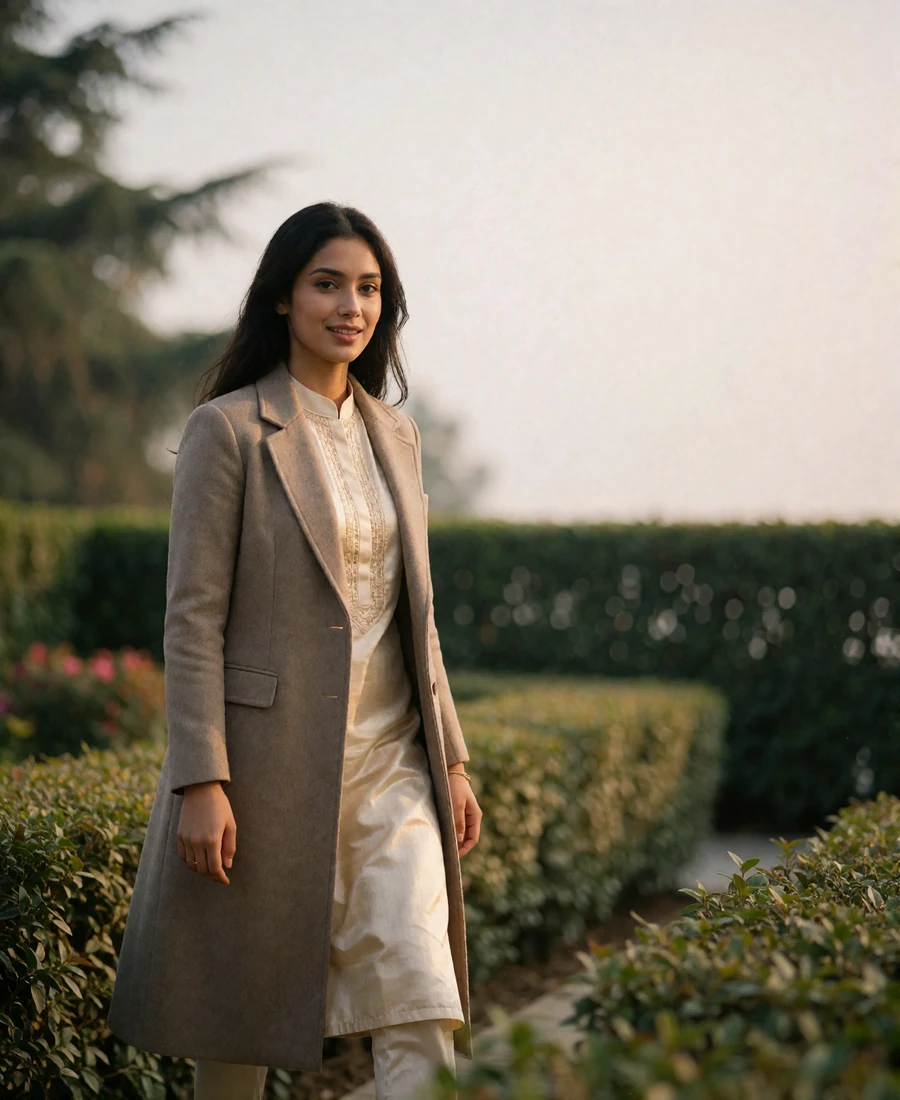 Nepali member walking along a landscaped garden path in a long taupe coat