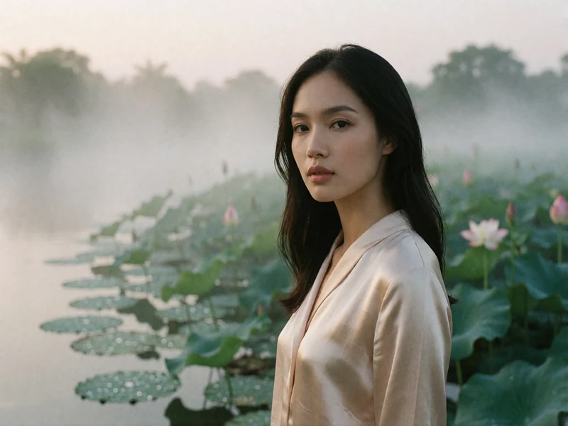Vietnamese woman in a pale silk blouse beside a misty lotus pond at dawn