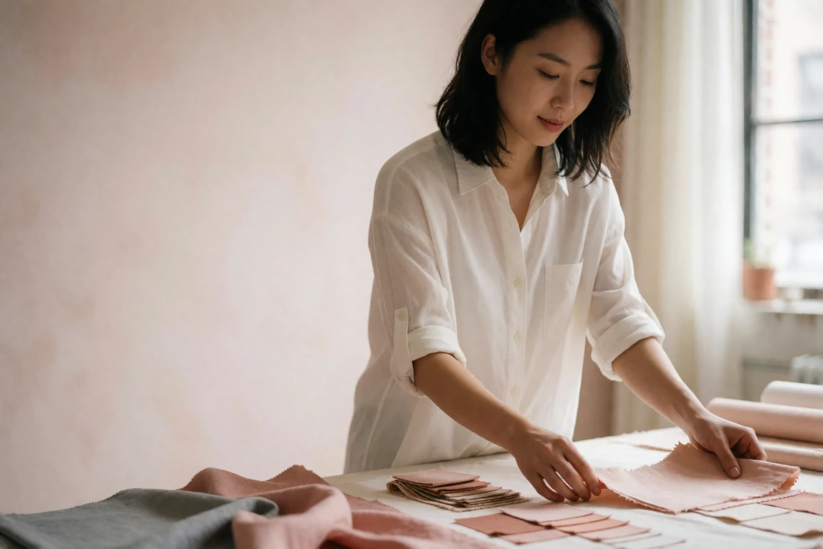Korean woman in a white shirt arranging fabric swatches at a bright design studio table