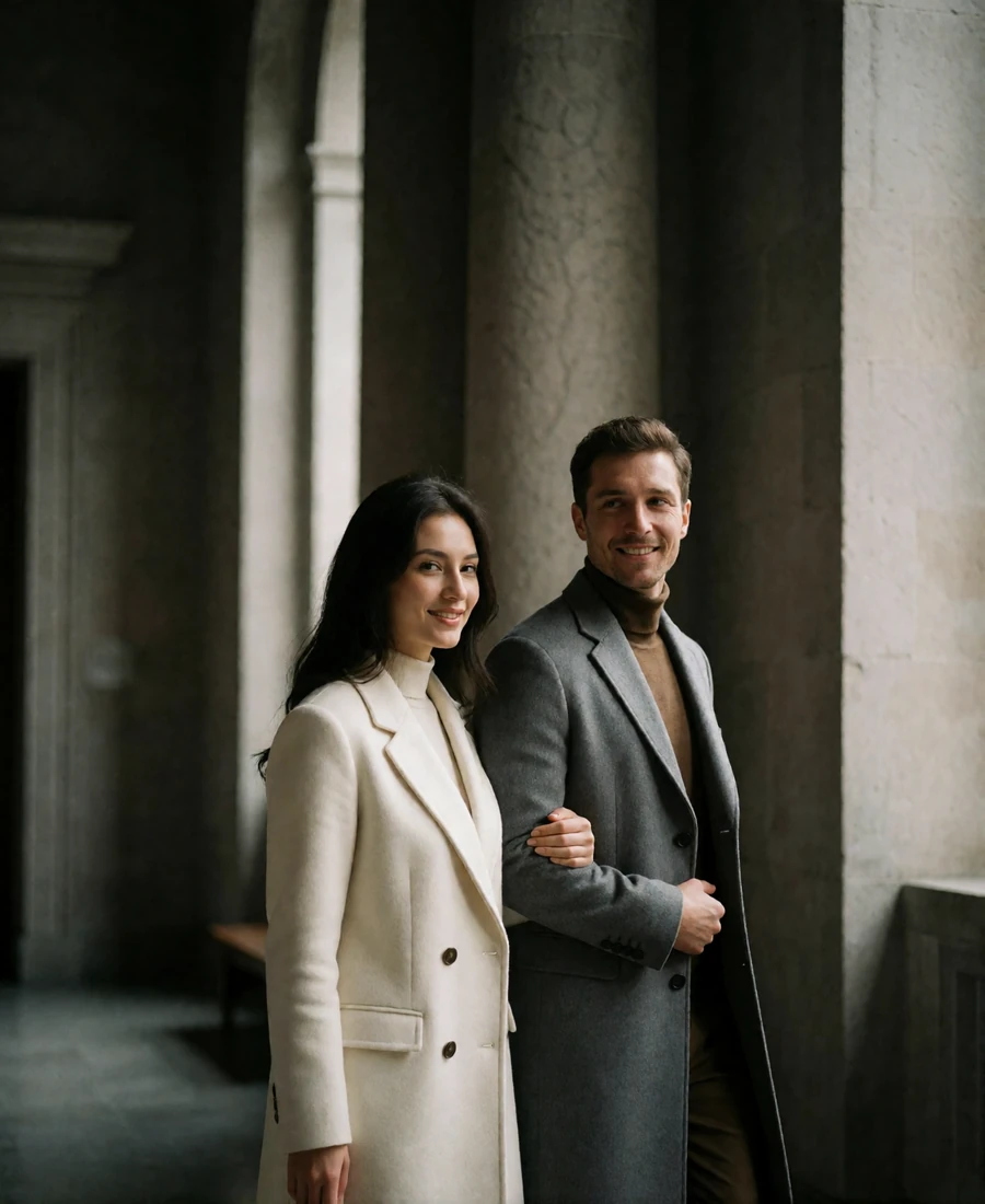 Couple walking together through a quiet museum atrium with soft daylight behind them