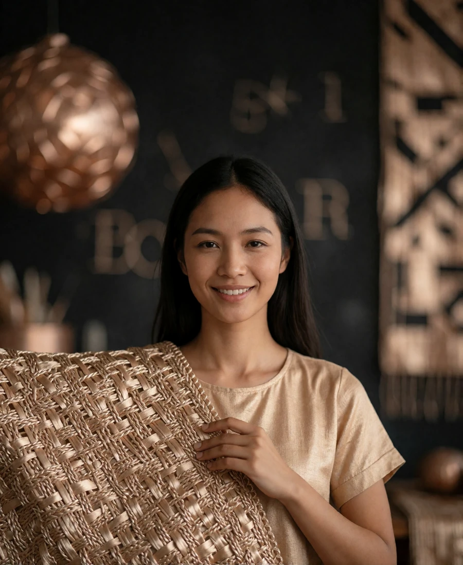 Lao woman smiling in a textile studio with her hand resting on woven silk fabric