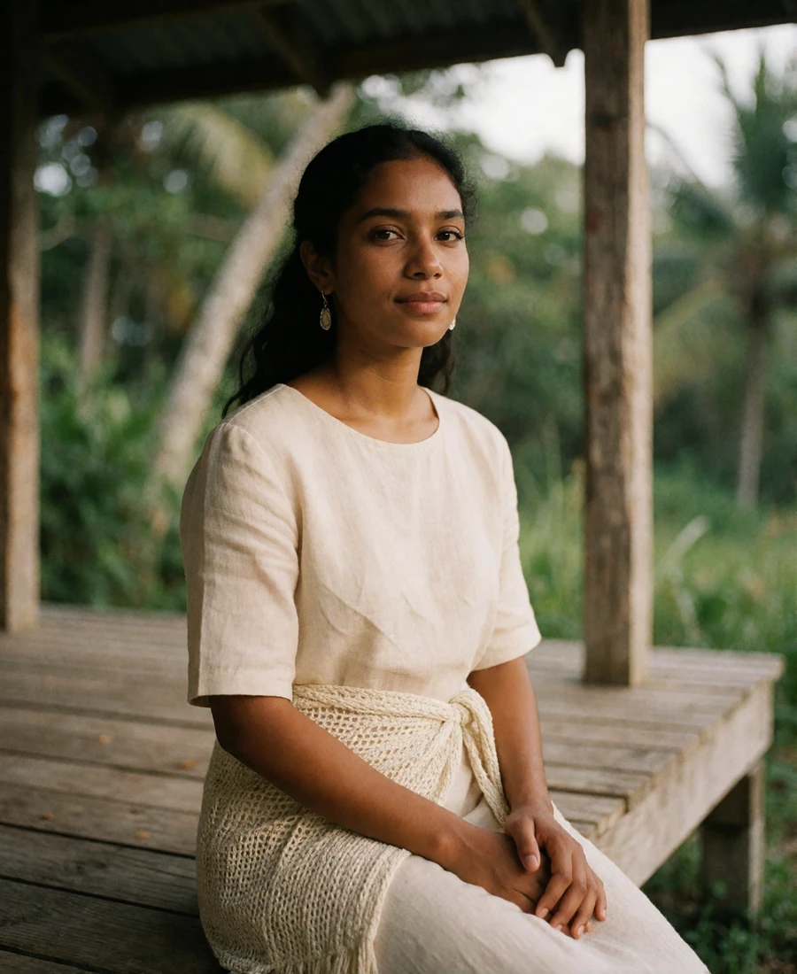Timorese member seated on a shaded wooden veranda with a gentle smile