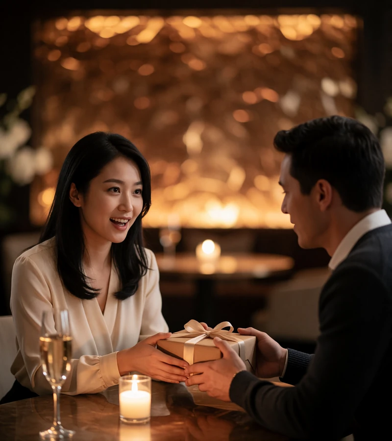 Asian woman in a cream blouse receiving a small wrapped gift from a man across a low table in a warmly lit lounge