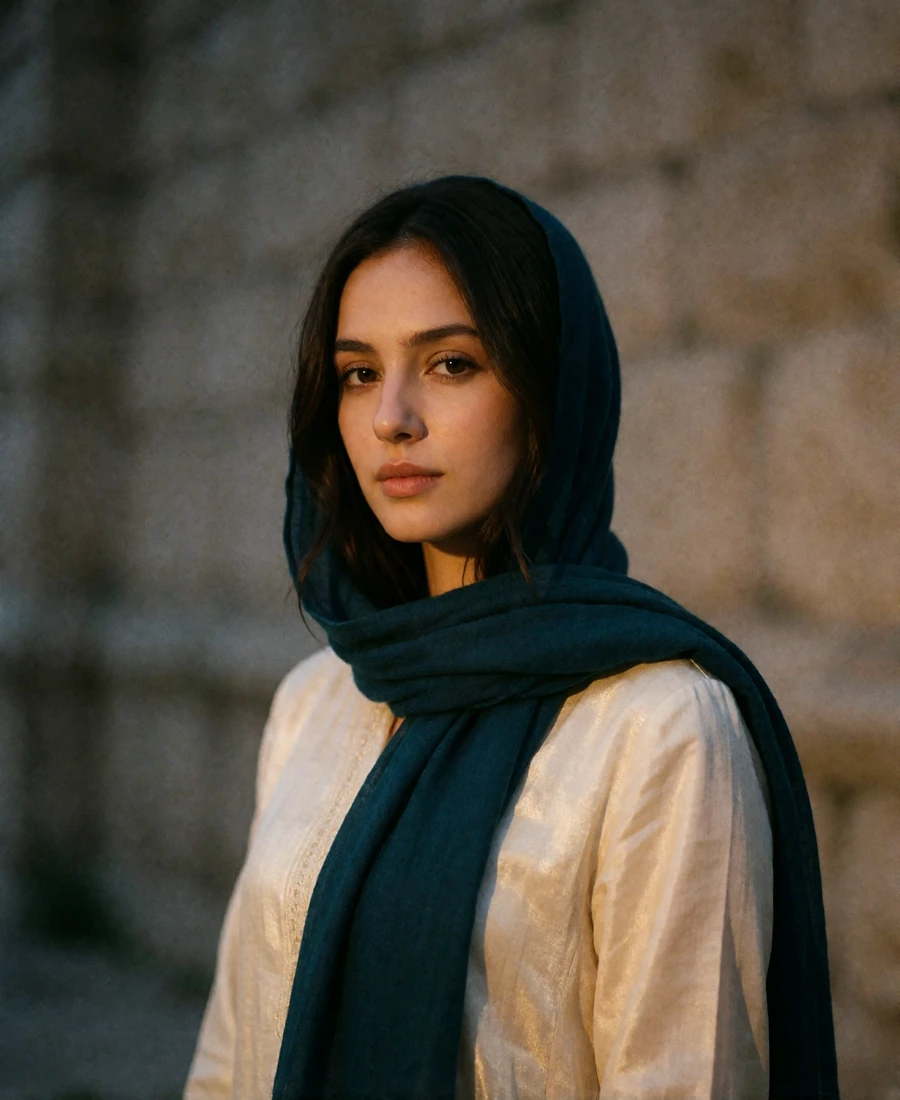 Afghan member in a deep teal scarf with a quiet direct gaze in Kabul